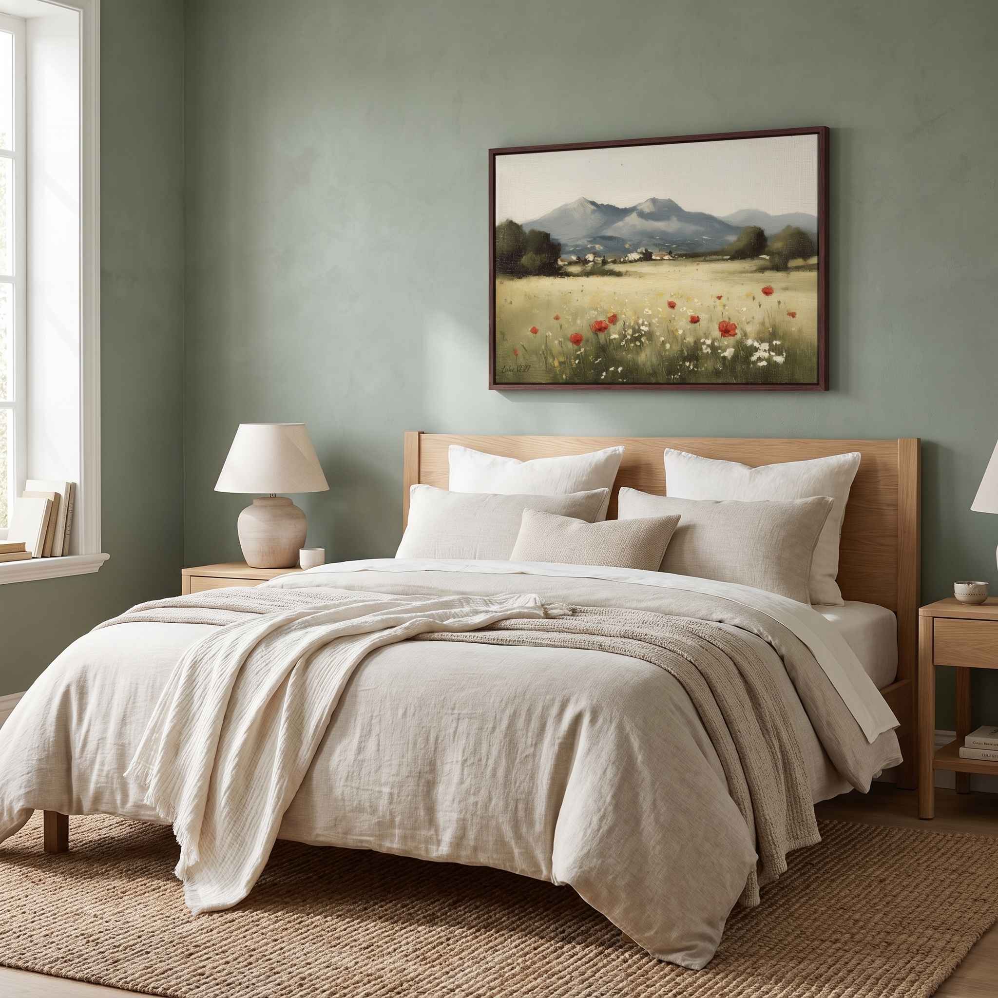A framed horizontal vintage-style Christian landscape painting depicting a meadow of red wildflowers and mountains inspired by Luke 12:27, displayed above a bed with light beige linens in a modern bedroom.