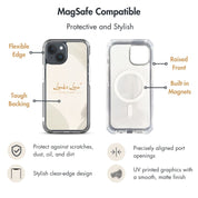 Infographic showing MagSafe iPhone case features: built-in magnets, raised front bezel for screen protection, flexible edges, and a tough backing with UV printed Ichthys pattern.