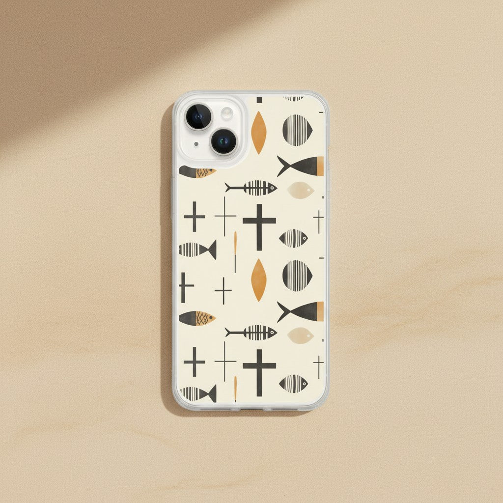 Minimalist Christian iPhone case with white Ichthys and Cross pattern, MagSafe compatible.