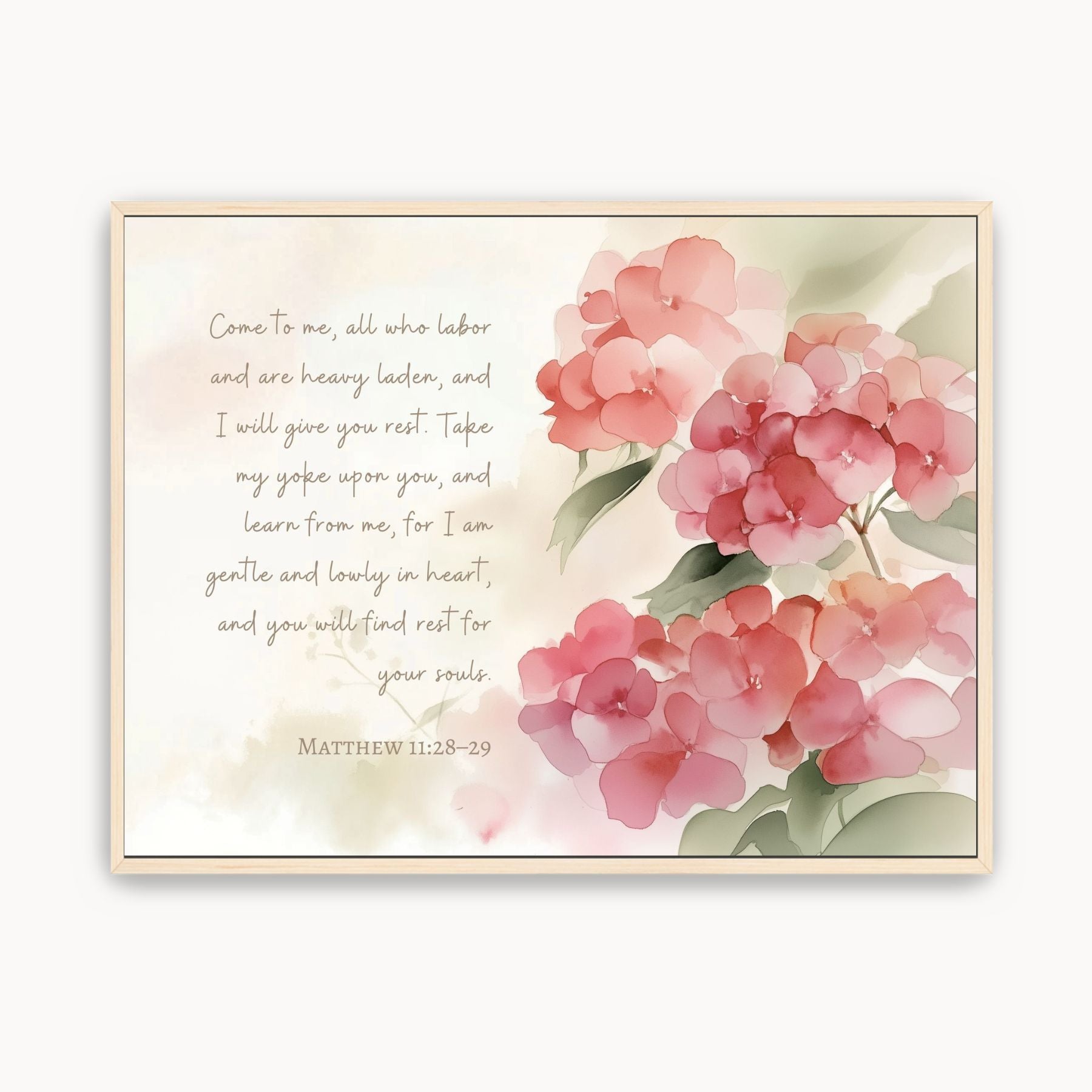 Framed watercolor wall art with pink and red hydrangeas beside Jesus’ invitation to find rest in Matthew 11:28–29.