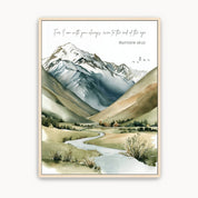 Watercolor mountain landscape Christian wall art featuring Matthew 28:20, "I am with you always, to the end of the age," with majestic mountains, a winding river, and peaceful valley. Scripture canvas for living room, bedroom, office, or prayer room.