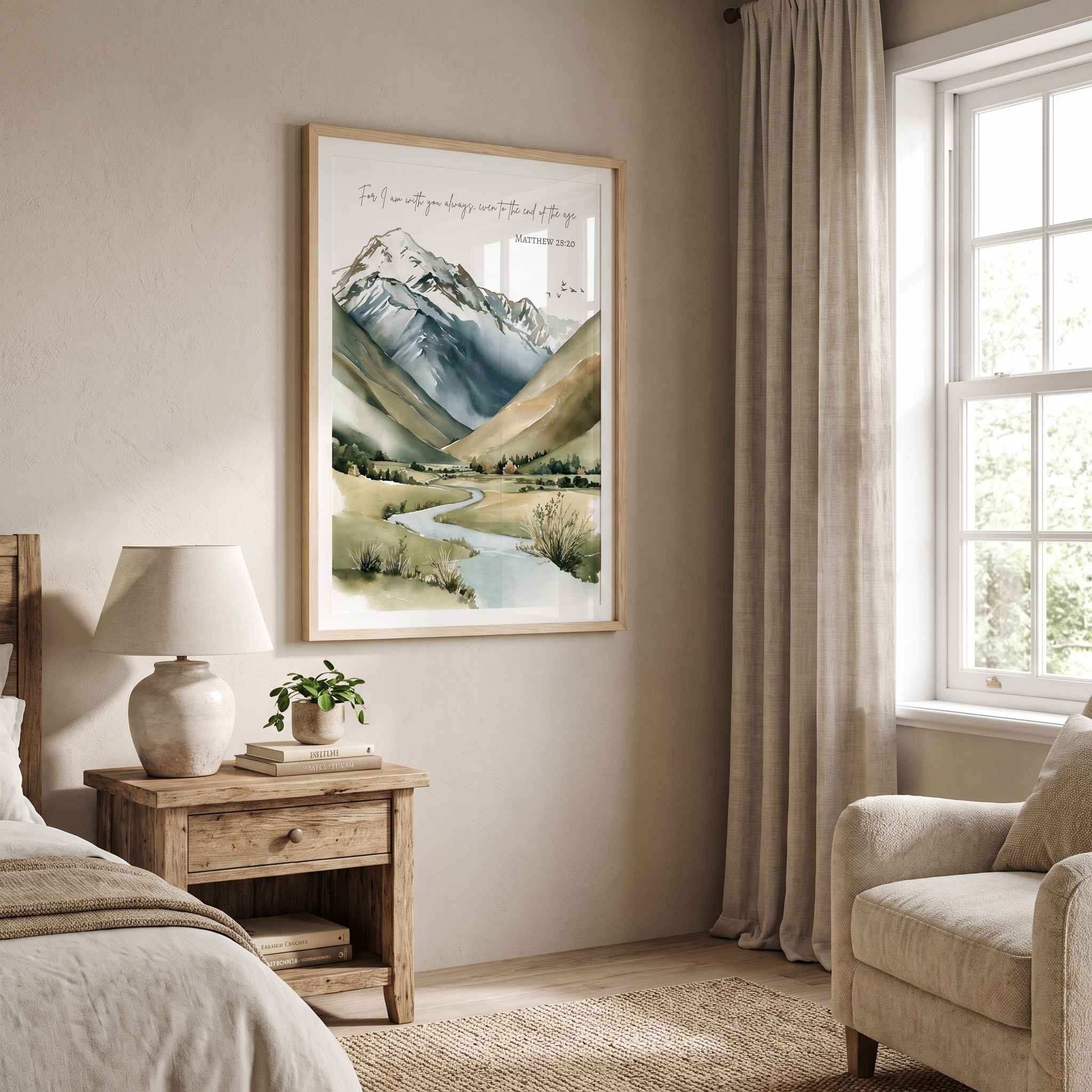 Framed watercolor Christian mountain landscape wall art titled Matthew 28:20 featuring mountains, a winding river, and a quiet valley, displayed on a beige wall above a wooden nightstand in a cozy, sunlit bedroom.