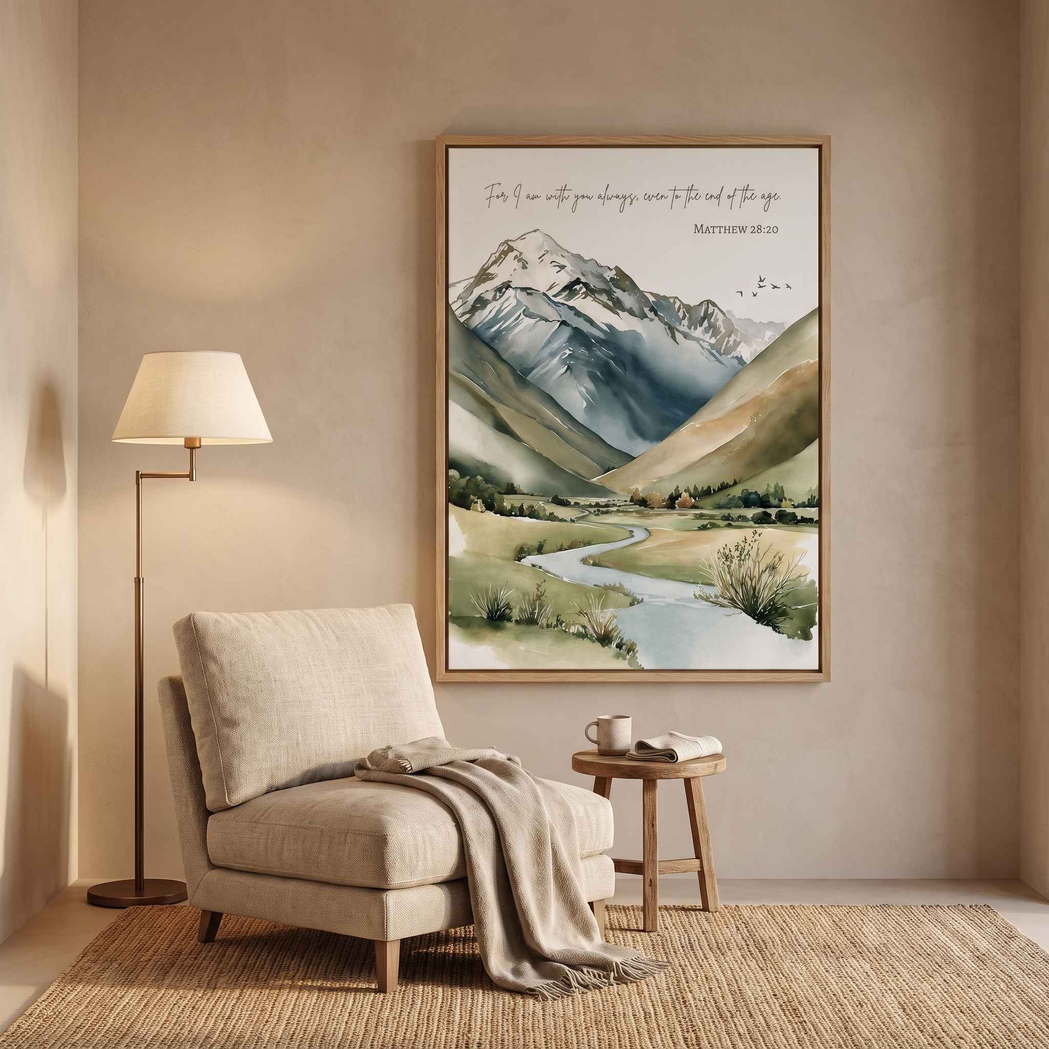 Framed Christian mountain landscape wall art titled Matthew 28:20 featuring mountains, a winding river, and a valley, displayed on a beige wall above a neutral upholstered armchair in a cozy reading nook.