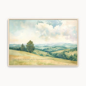 Matthew 5:9 Blessed Are the Peacemakers Christian wall art featuring a peaceful watercolor of rolling green hills beneath a bright sky.