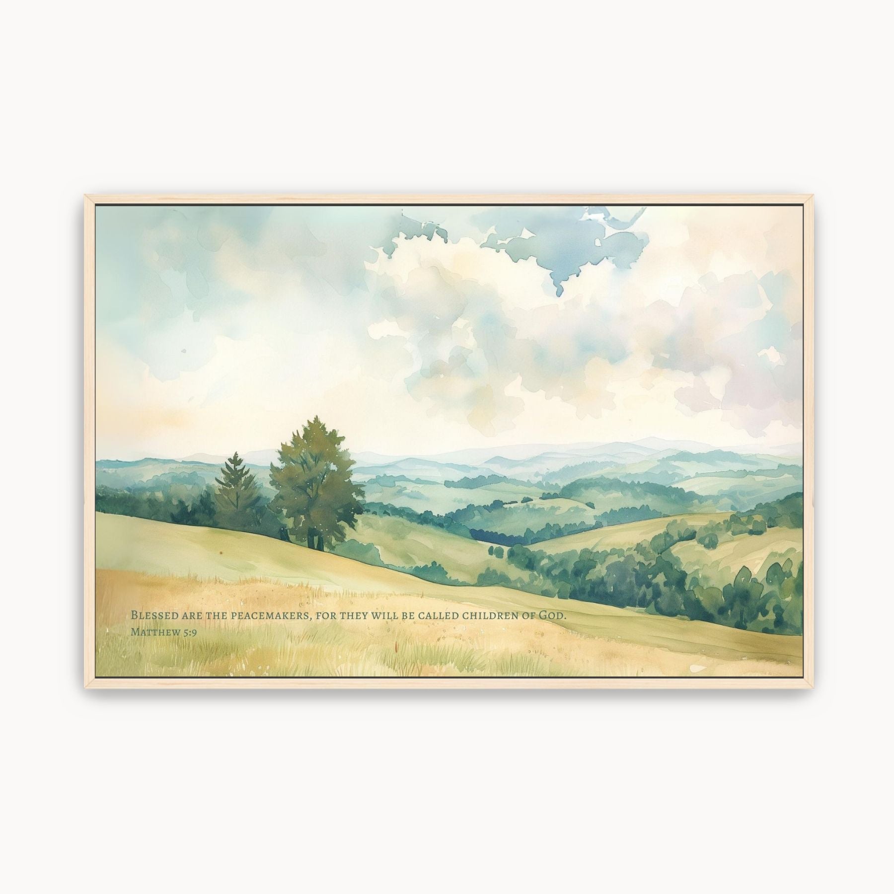 Watercolor Christian wall art landscape with Matthew 5:9 peacemakers Bible verse in soft neutral tones