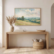 Blessed Are the Peacemakers Matthew 5:9 watercolor wall art in a light wood frame above an entryway console with natural decor.