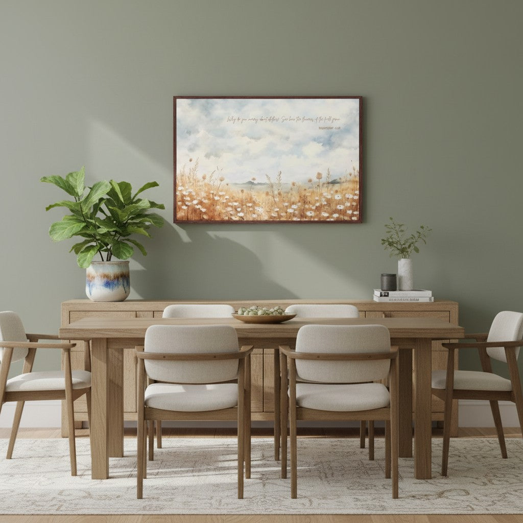 Matthew 6:28 'Do Not Worry' wildflower scripture wall art in a horizontal canvas, styled in a modern dining room with a light wood table, white chairs, and an olive green accent wall.