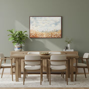 Matthew 6:28 'Do Not Worry' wildflower scripture wall art in a horizontal canvas, styled in a modern dining room with a light wood table, white chairs, and an olive green accent wall.