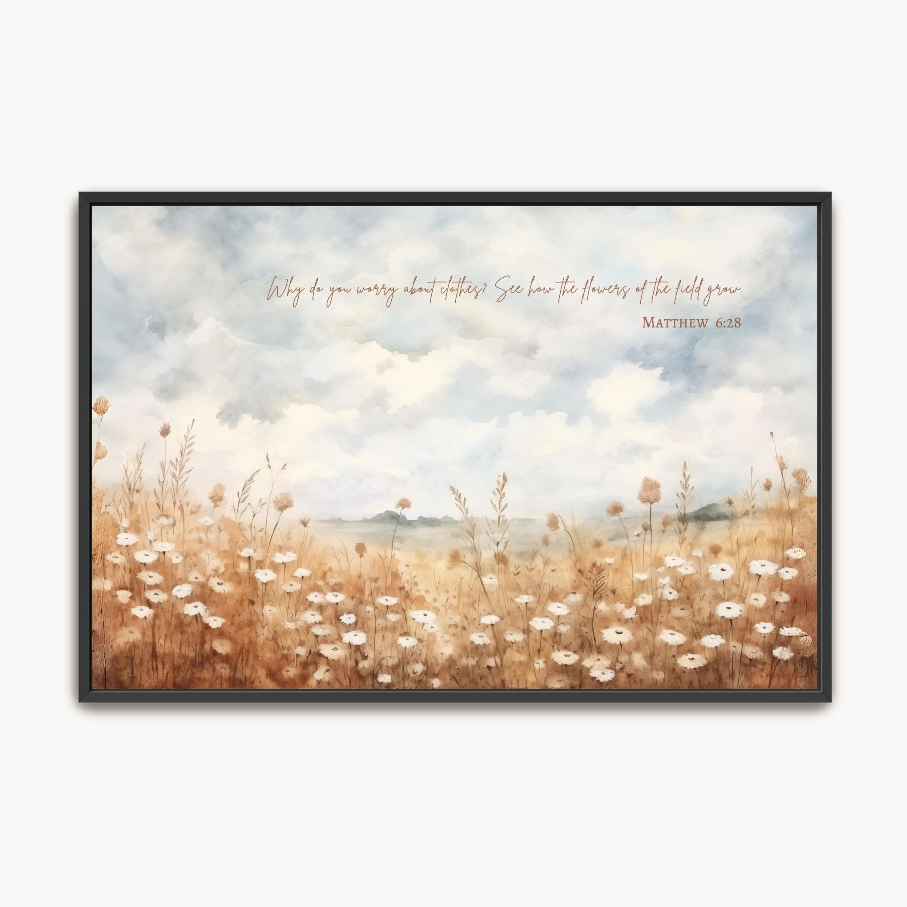 Watercolor Christian wall art with wildflowers and Matthew 6:28 Bible verse in soft neutral tones