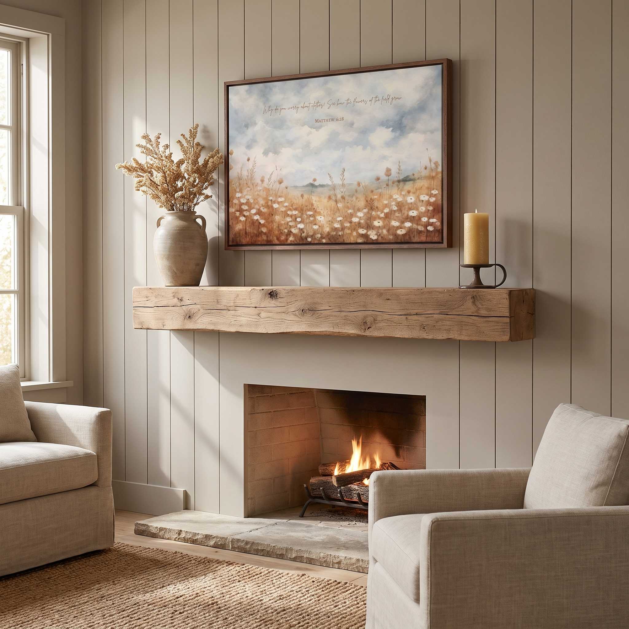 Matthew 6:28 Christian wildflower wall art displayed above a fireplace, with a soft watercolor field of white blossoms in a cozy living room.