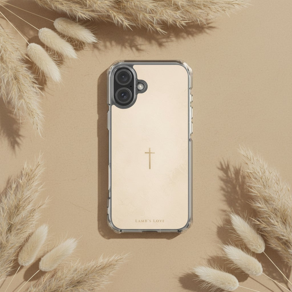 Minimalist cross Christian iPhone case on soft beige background surrounded by dried pampas grass in warm neutral botanical flat lay style