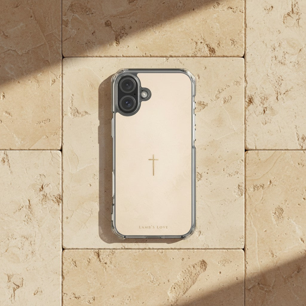 Minimalist cross Christian MagSafe iPhone case on beige sandstone background with modern neutral aesthetic and faith-inspired design
