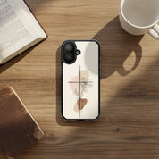 Minimalist cross and lily Christian MagSafe iPhone case beside Bible and coffee mug on warm wooden table with cozy devotional flat lay aesthetic and elegant neutral botanical design