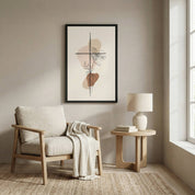 Minimalist cross and lily line art Christian wall art in cozy reading corner with neutral tones