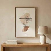 Minimalist cross and lily line art Christian wall art above wooden console table in neutral beige room