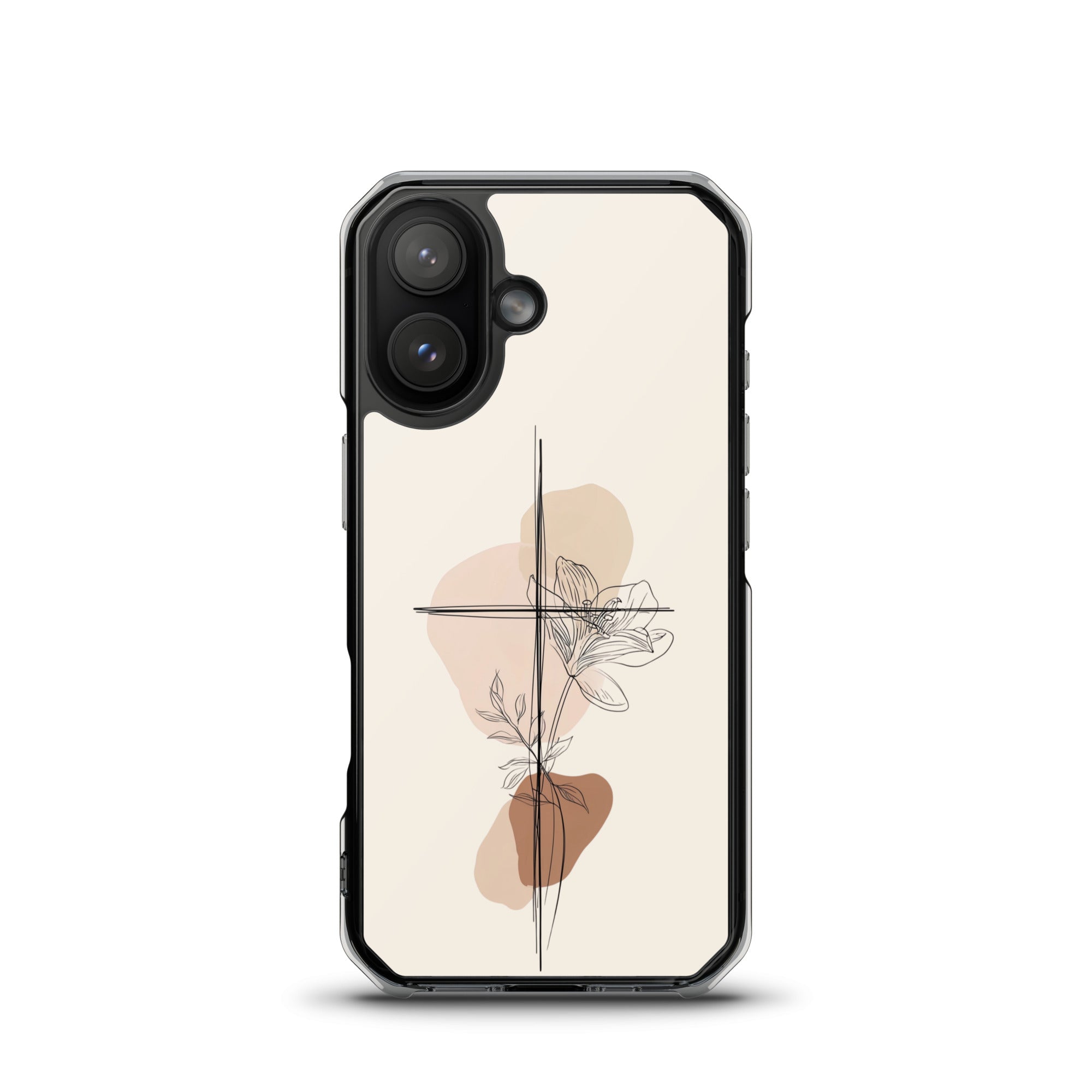 Minimalist cross and lily Christian MagSafe iPhone case featuring neutral botanical line art with modern faith-inspired aesthetic and elegant floral design