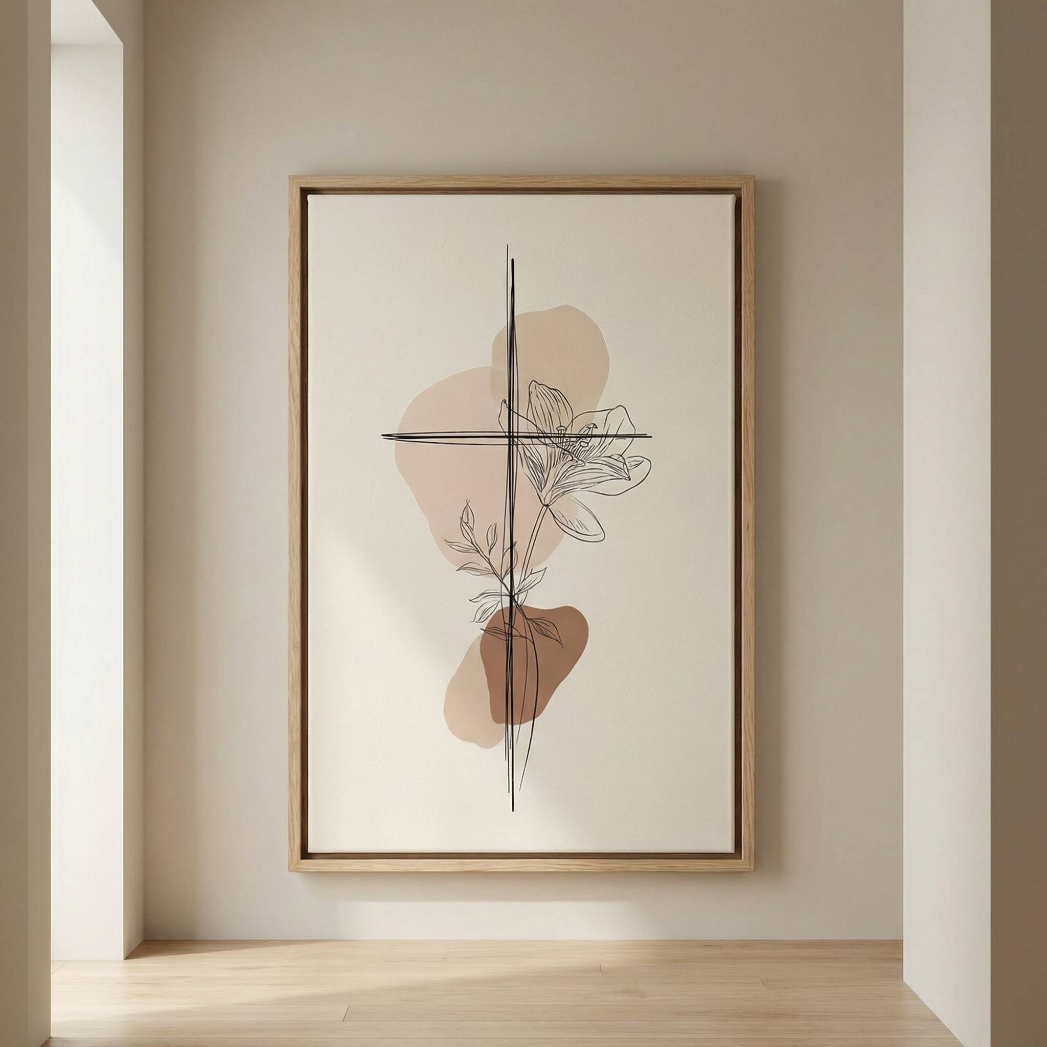 Framed minimalist cross and lily Christian wall art in modern abstract beige tones