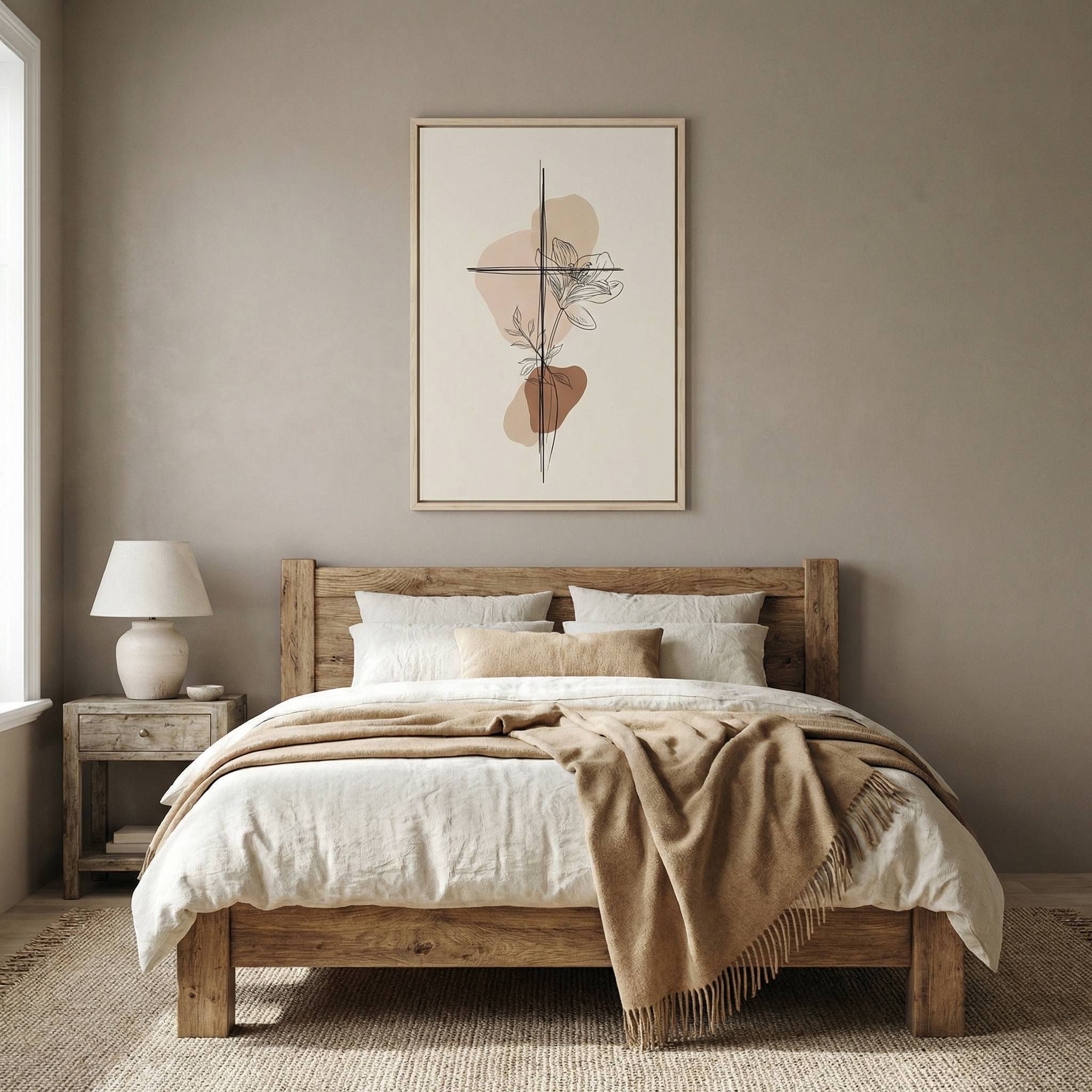 Minimalist cross and lily Christian wall art in neutral beige bedroom above wooden bed