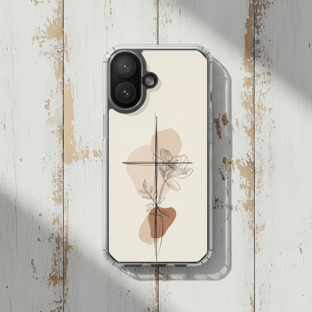 Minimalist cross and lily Christian MagSafe iPhone case on rustic white painted wood background with soft neutral botanical aesthetic and elegant faith-inspired line art