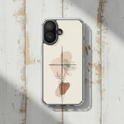 Minimalist cross and lily Christian MagSafe iPhone case on rustic white painted wood background with soft neutral botanical aesthetic and elegant faith-inspired line art