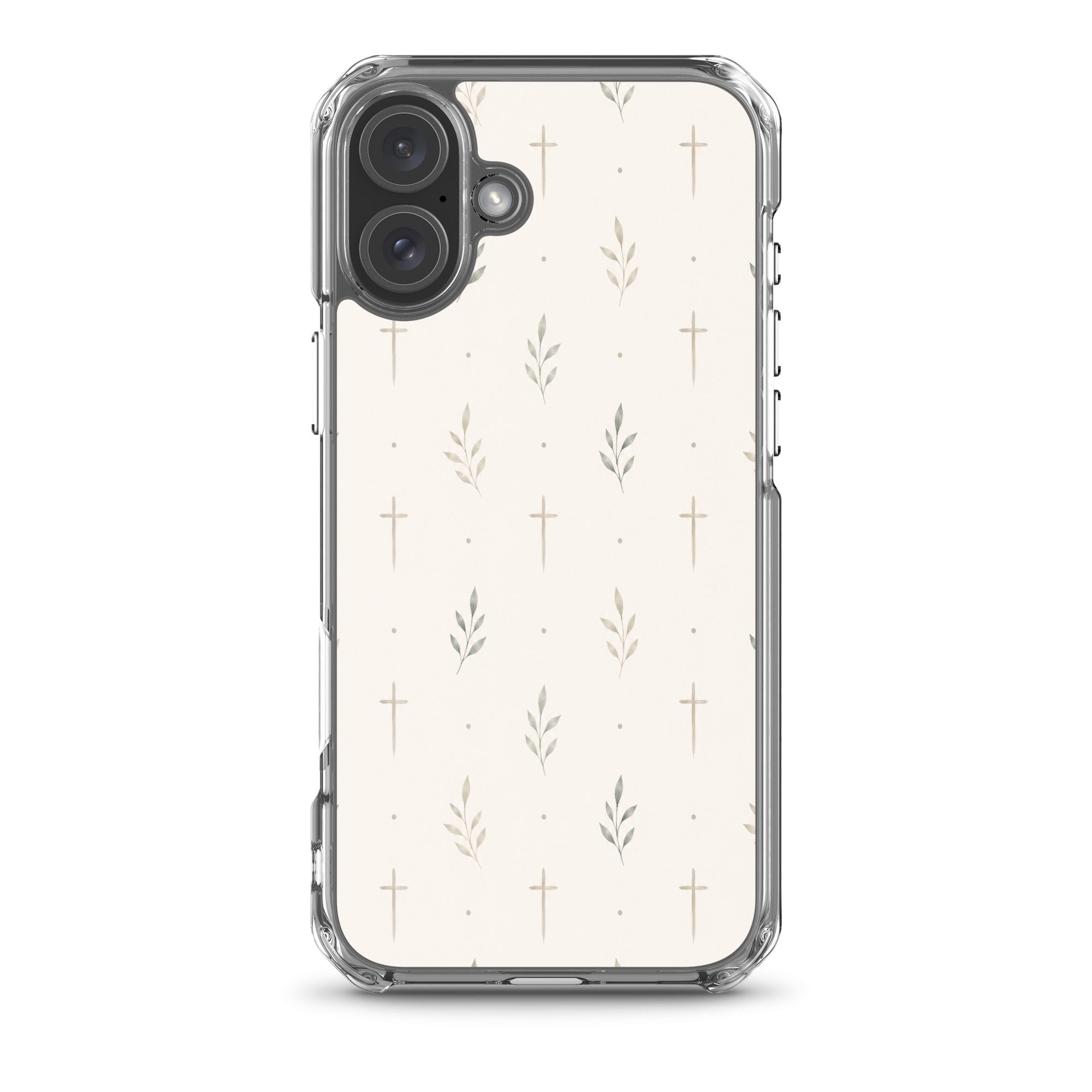 Minimalist cross and olive branch Christian MagSafe iPhone case with neutral botanical aesthetic and modern faith-inspired design