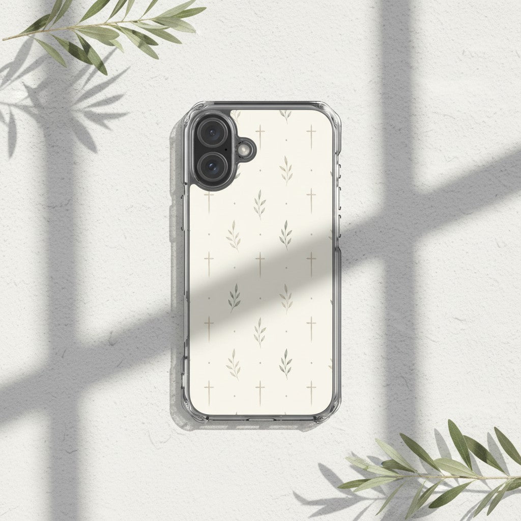 Minimalist cross and olive branch Christian MagSafe iPhone case with soft sunlight shadows and elegant neutral botanical flat lay aesthetic