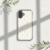 Minimalist cross and olive branch Christian MagSafe iPhone case with soft sunlight shadows and elegant neutral botanical flat lay aesthetic