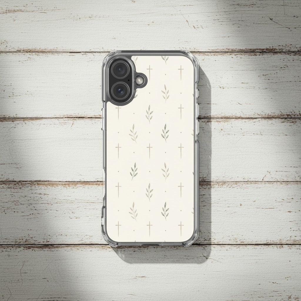Minimalist cross and olive branch Christian MagSafe iPhone case on rustic white painted wood background with soft neutral farmhouse aesthetic
