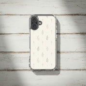 Minimalist cross and olive branch Christian MagSafe iPhone case on rustic white painted wood background with soft neutral farmhouse aesthetic