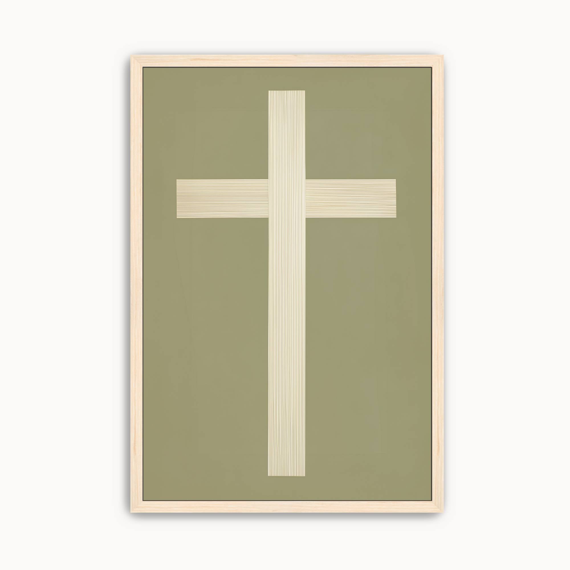 Minimalist cross wall art featuring an elegant ivory cross on a soft sage green background with a light wood frame for modern Christian home decor.