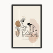Minimalist foot washing Christian wall art in neutral beige tones featuring modern abstract line art of Jesus washing His disciple’s feet
