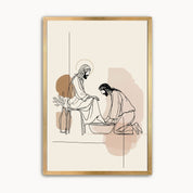 Framed minimalist foot washing Christian wall art in modern abstract beige tones