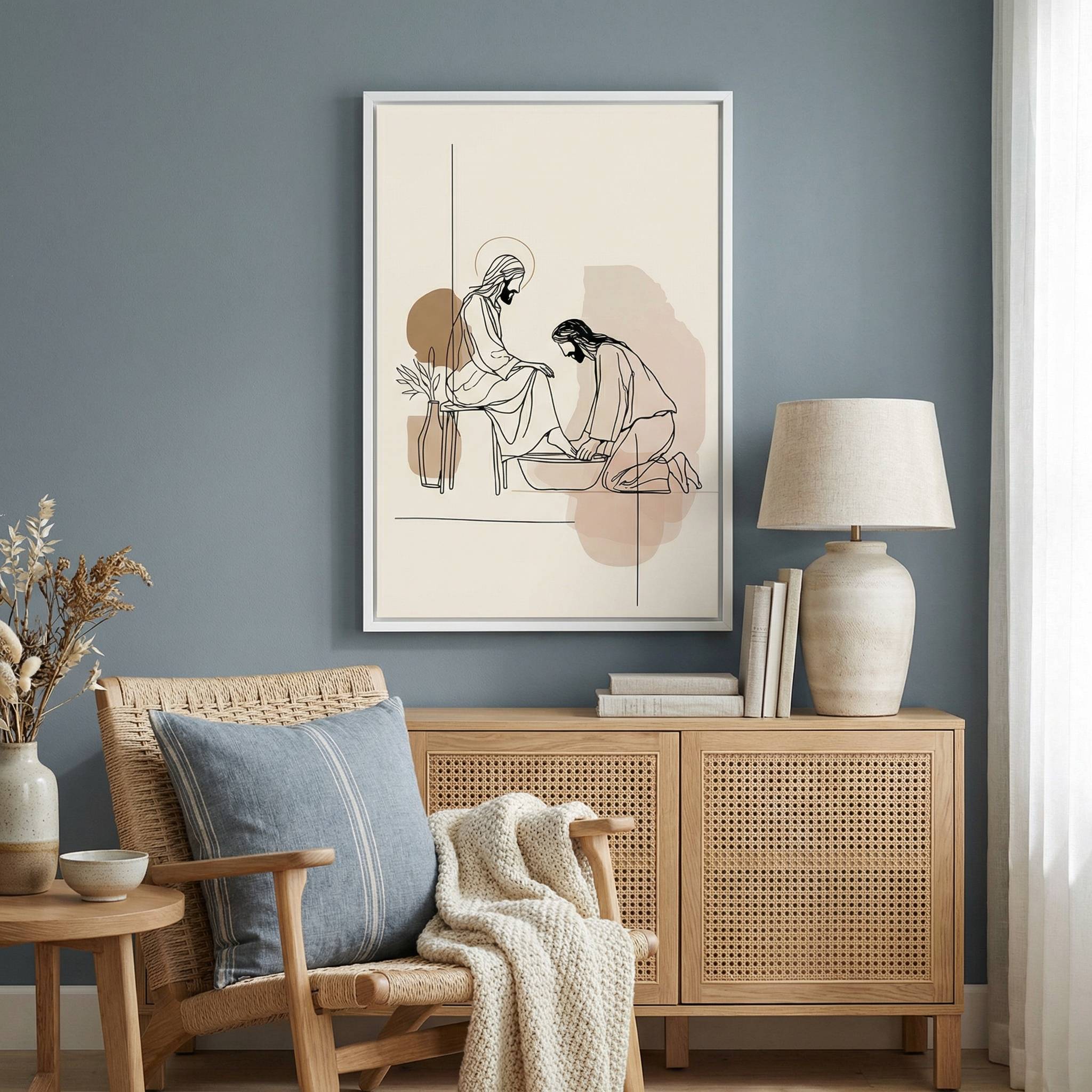 Minimalist foot washing Christian wall art in modern living room with blue accent wall and neutral decor