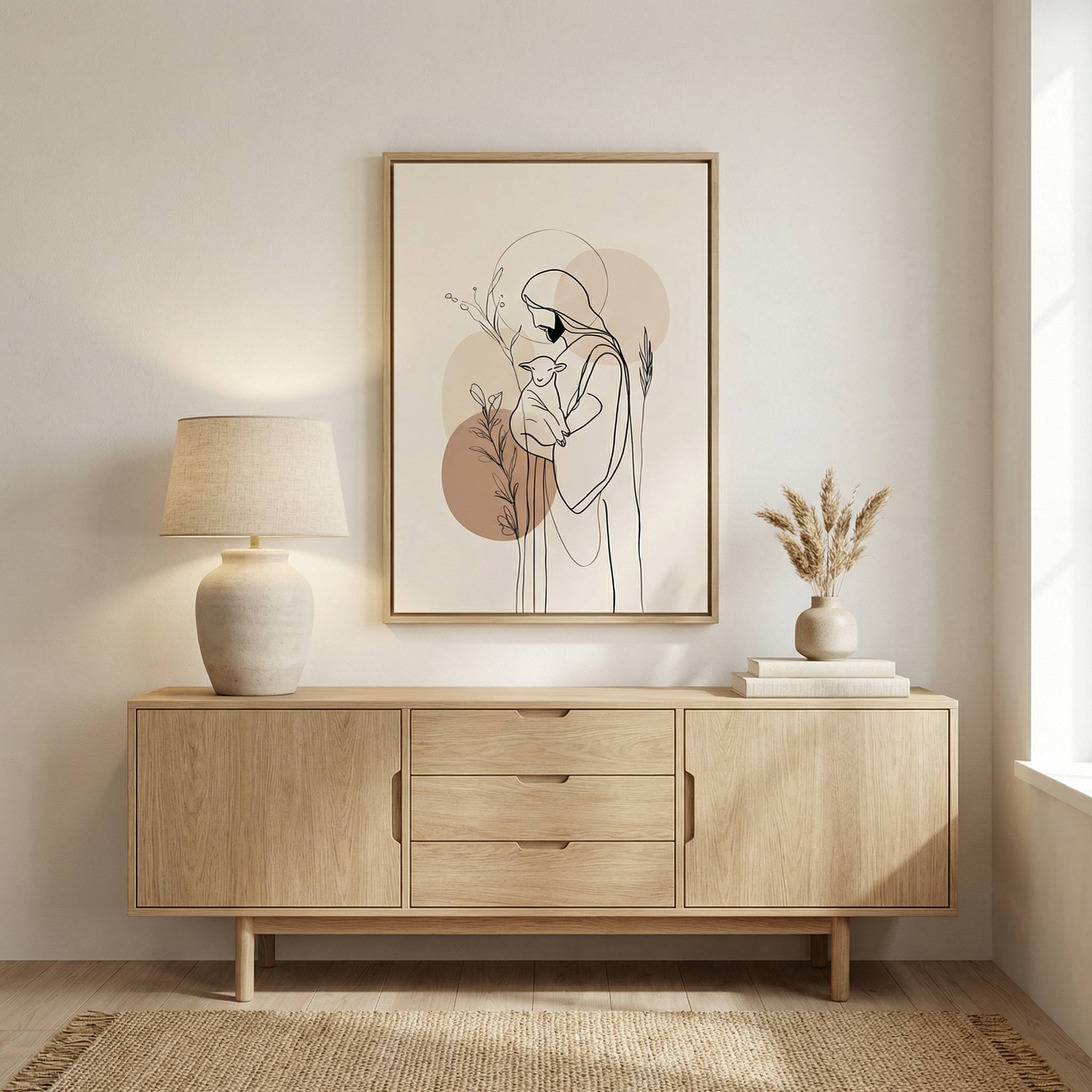 Minimalist Good Shepherd line art Christian wall art in neutral beige bedroom setting