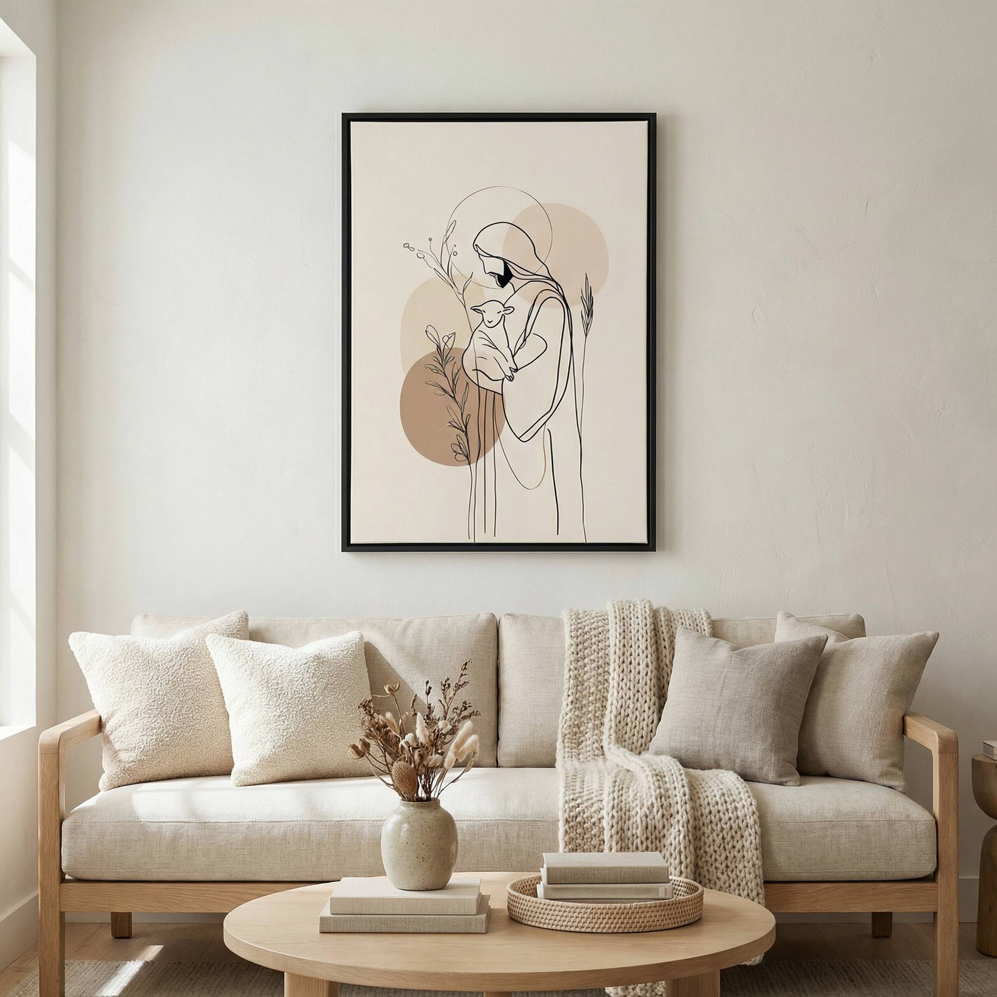 Minimalist Good Shepherd Christian wall art in modern living room with neutral tones and beige decor