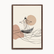 Framed abstract artwork of Jesus in a boat with wavy lines and circular shapes on a beige background