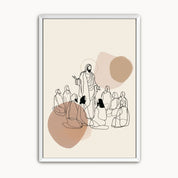 Modern abstract line art Christian wall art of Jesus teaching disciples with neutral beige tones in white frame.