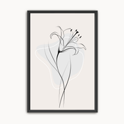 Minimalist Lily Line Art featuring a black ink botanical artwork on a neutral beige and gray background, styled in a modern black frame.