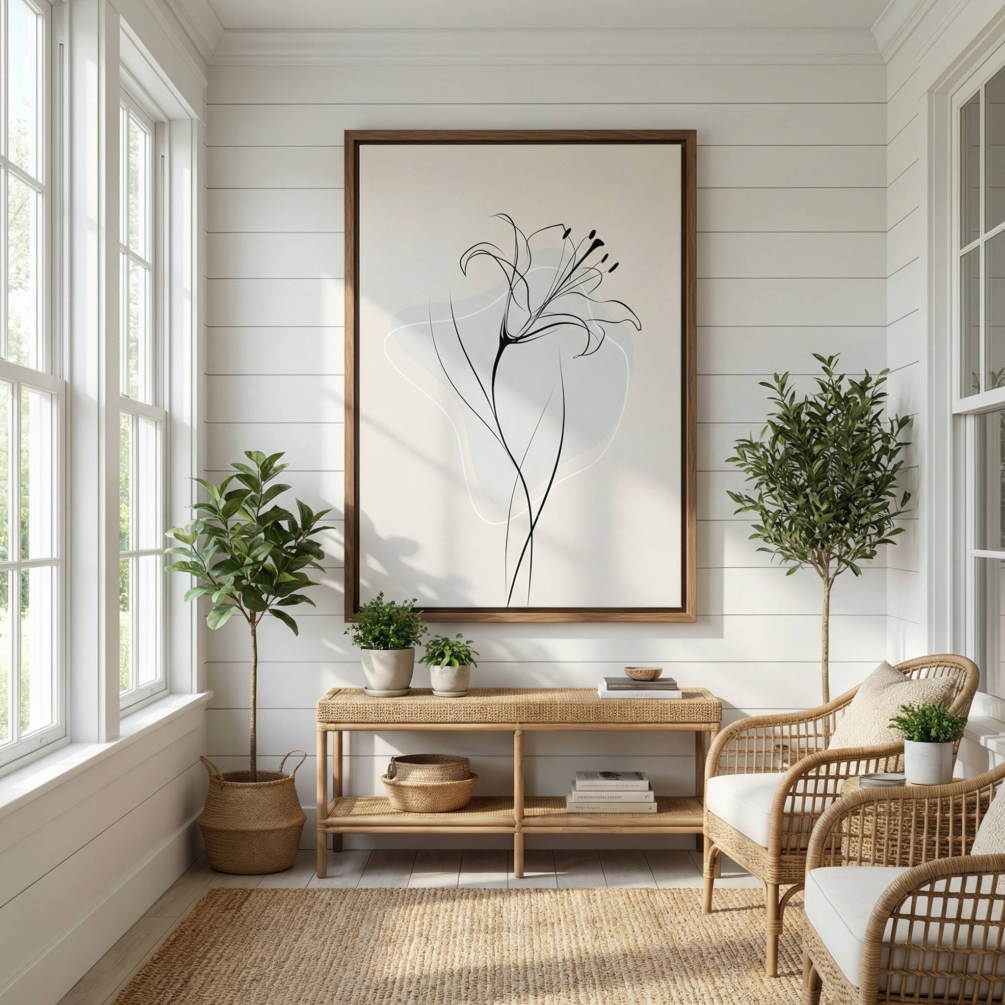 Minimalist Lily Line Art in a thin wood frame, displayed on a white shiplap wall in a sunlit room with a cane console table and indoor plants.