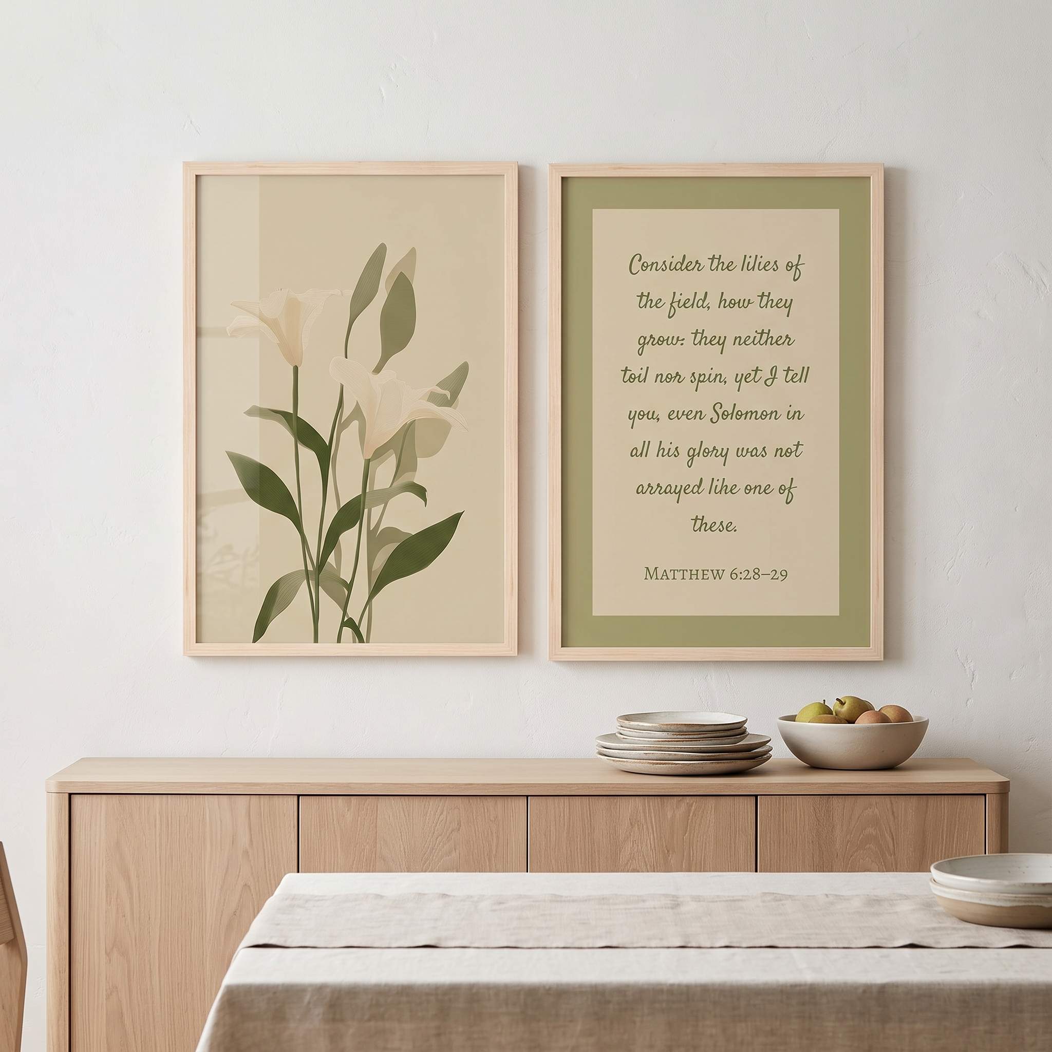 Minimalist Matthew 6:28–29 Scripture and calla lily 2-piece framed poster Christian wall art set displayed on a neutral paneled wall above a light wood sideboard in an organic modern dining room.