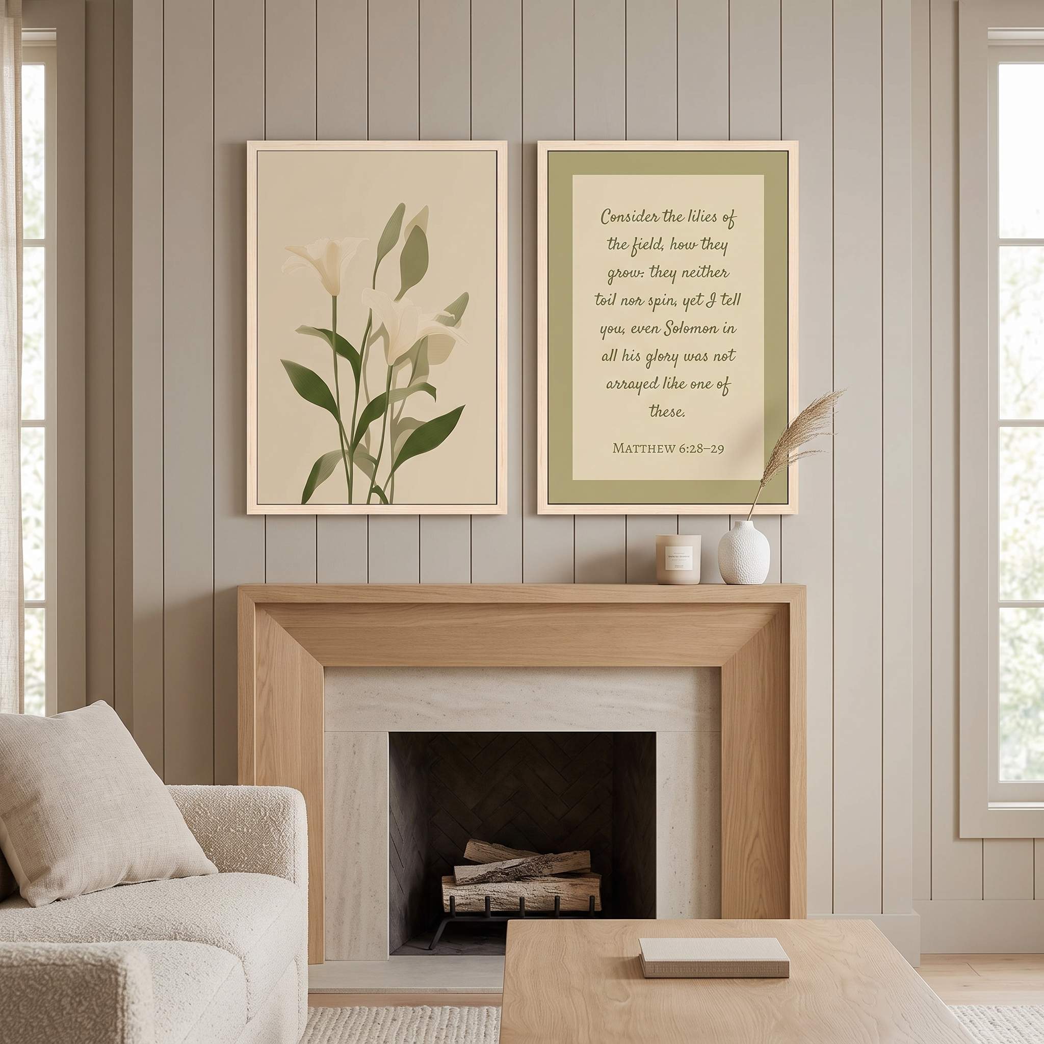 Minimalist Matthew 6:28–29 Scripture and calla lily 2-piece framed canvas Christian wall art set displayed on a light wood paneled wall above a fireplace mantel in an organic modern living room.