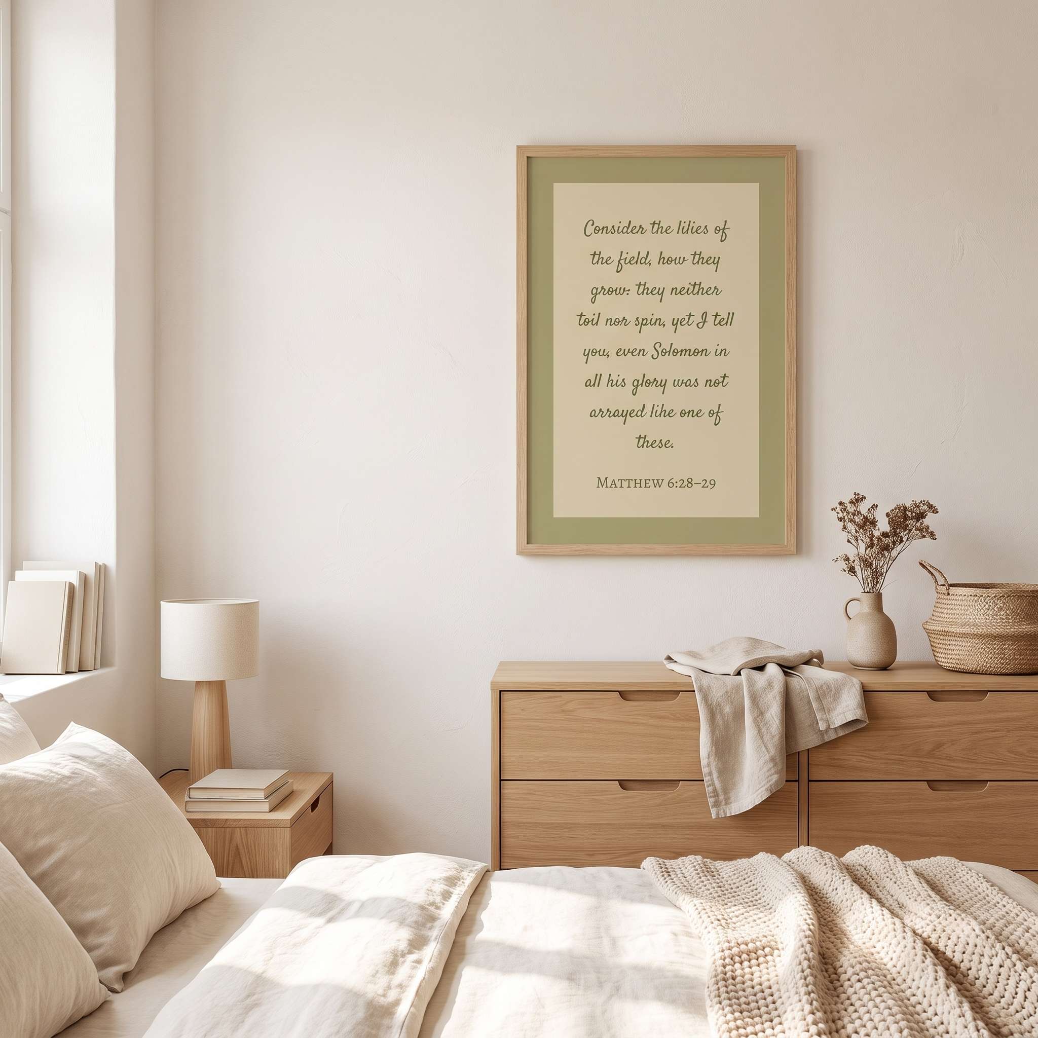 Minimalist Matthew 6:28–29 Scripture vertical framed canvas Christian wall art in soft sage green displayed on a neutral wall above a light wood dresser in an organic modern bedroom.