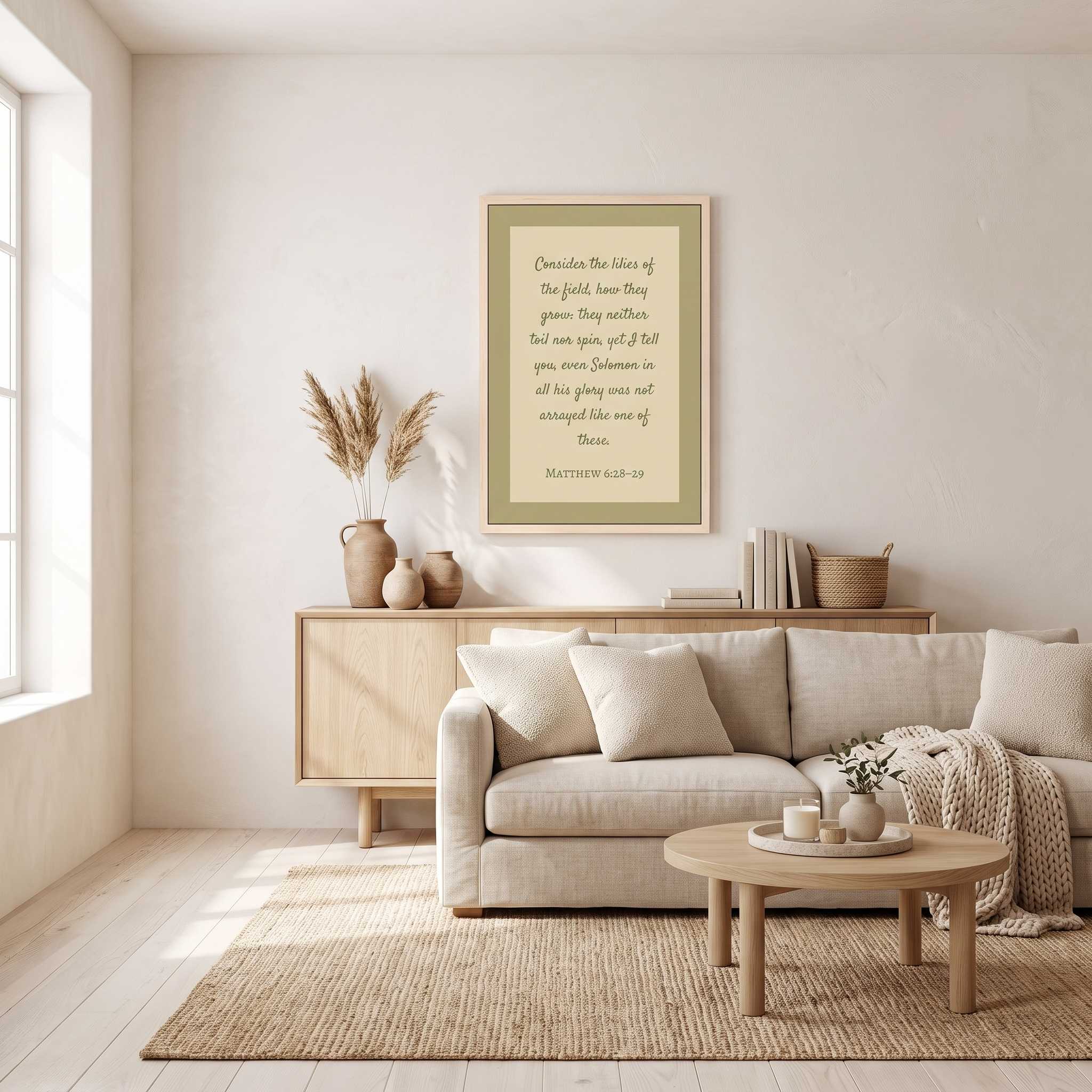 Minimalist Matthew 6:28–29 Scripture vertical framed canvas Christian wall art in soft sage green displayed on a neutral wall above a light wood sideboard in an organic modern living room.