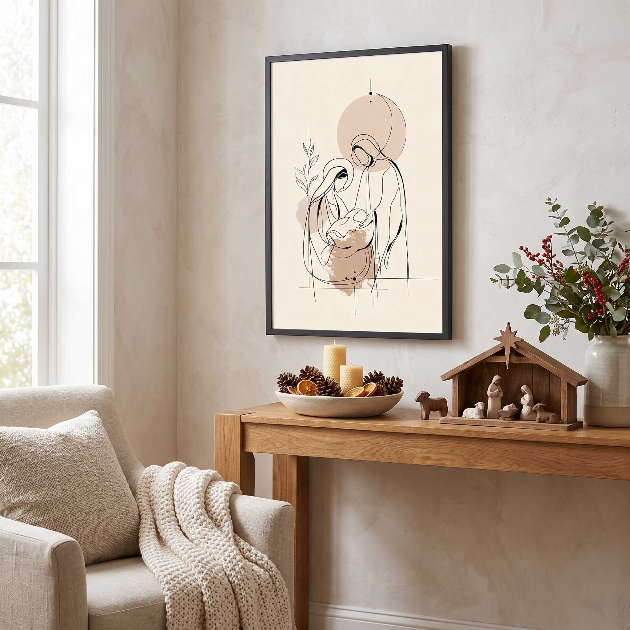 Minimalist Nativity line art print of Mary, Joseph, and baby Jesus framed in black hanging on a beige wall above a wooden console table with Christmas decor.