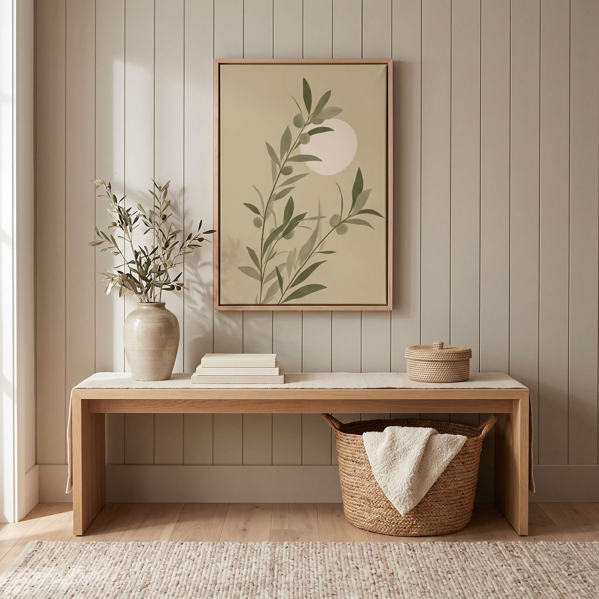 Minimalist olive branch vertical framed canvas Christian wall art in soft sage green with rising sun displayed on a paneled wall above a light wood bench in an organic modern entryway.