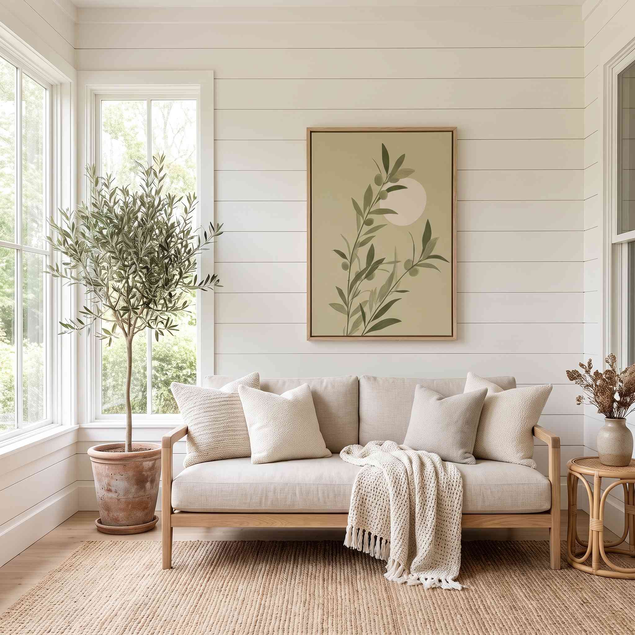 Minimalist olive branch vertical framed canvas Christian wall art in soft sage green displayed on a white shiplap wall above a light beige sofa in an organic modern sunroom.