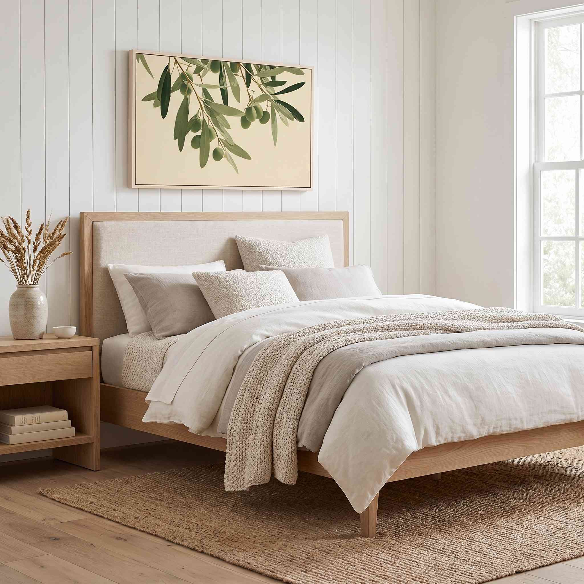 Minimalist olive branch horizontal framed canvas artwork displayed above a light wood bed in a soft organic modern bedroom.