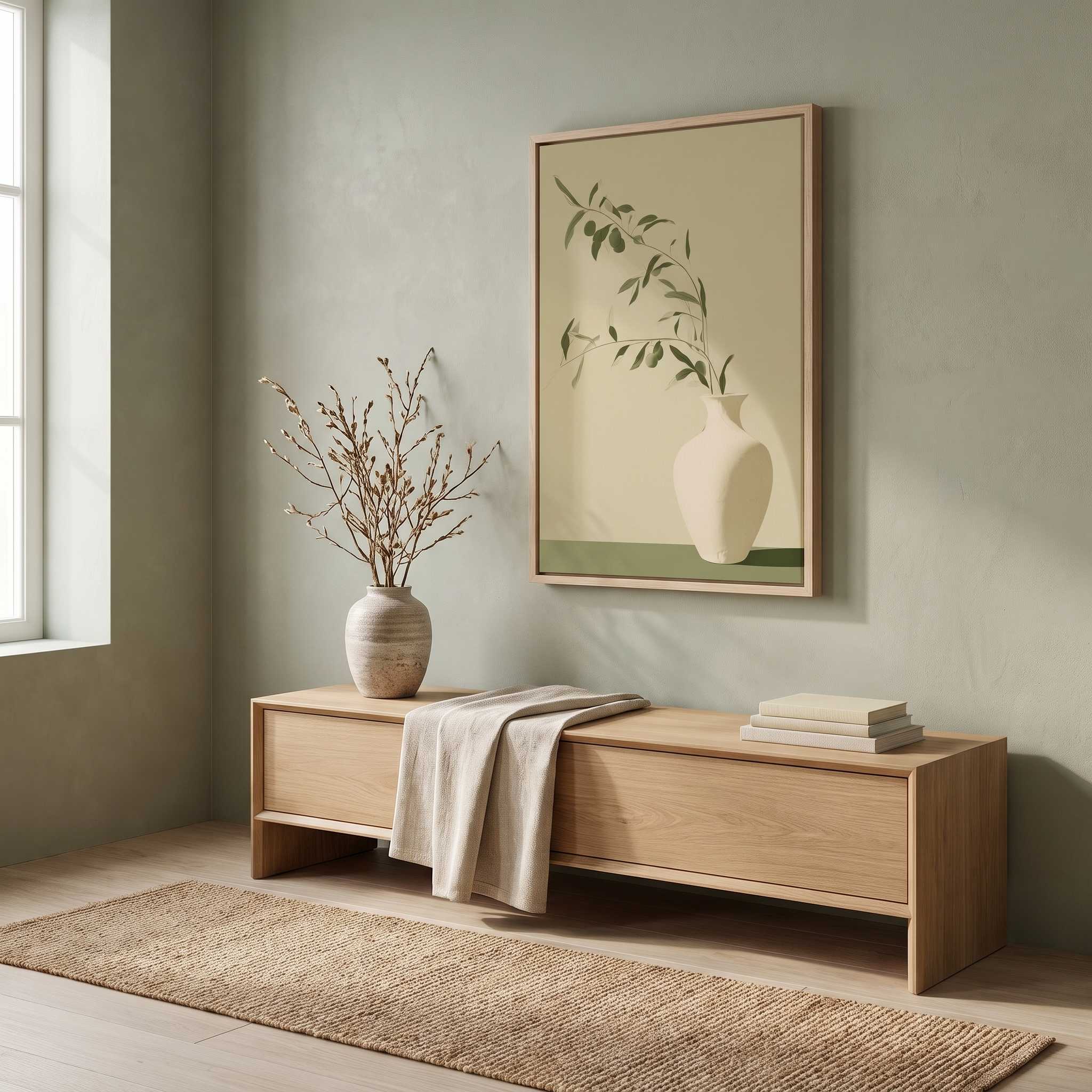 Minimalist olive branch in a white ceramic vase vertical framed canvas Christian wall art in soft sage green displayed on a muted green wall above a light wood bench in an organic modern entryway.