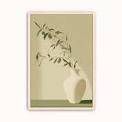 Minimalist olive branch vase wall art featuring a white ceramic vase with olive branches in soft sage green for modern Christian, Scandinavian, and Japandi home decor.