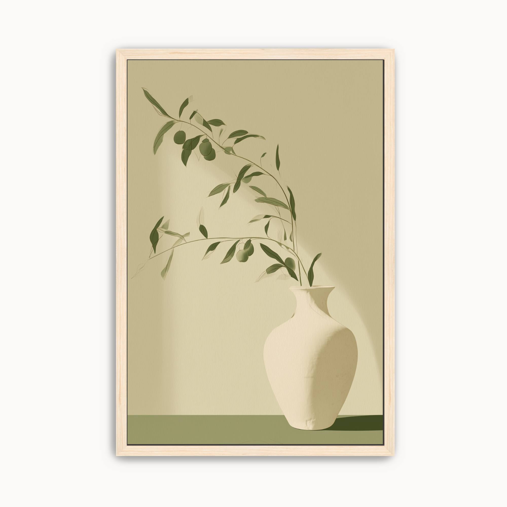 Minimalist olive branch vase wall art featuring a white ceramic vase with olive branches in soft sage green for modern Christian, Scandinavian, and Japandi home decor.